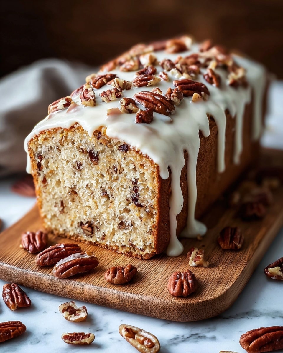 A loaf cake sits on a wooden board atop a white marbled surface, with one end sliced to show its inside. The cake has a moist texture with small pieces of nuts and dark specks visible throughout the light golden crumb. The top is covered with a thick layer of white icing that drips slightly down the sides, and it is sprinkled with whole and halved pecans, which add a rich brown color and rough texture. Around the board, there are scattered pecans and nut pieces, enhancing the rustic feel of the image. Photo taken with an iphone --ar 4:5 --v 7