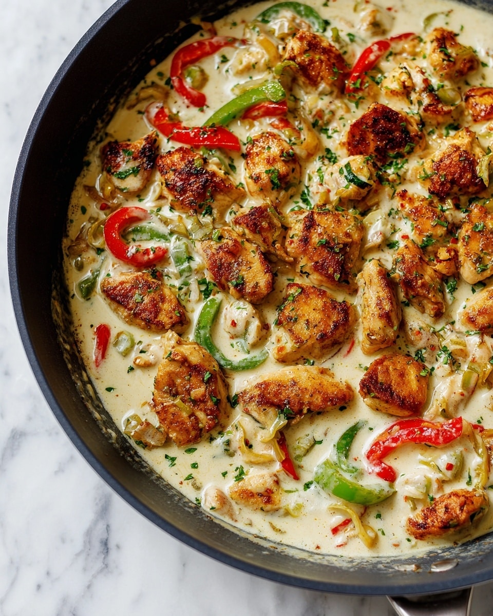 The image shows a close-up of a pan filled with cooked chicken pieces in a creamy white sauce. The chicken pieces are golden brown with crispy edges, scattered evenly in the creamy sauce layer. Bright green bell pepper slices and small red bell pepper chunks are mixed throughout, adding color and texture. The sauce has a slightly thick and smooth texture, with small green herbs sprinkled on top. The pan is black with a visible non-stick surface, and the image is captured on a white marbled surface. photo taken with an iphone --ar 4:5 --v 7