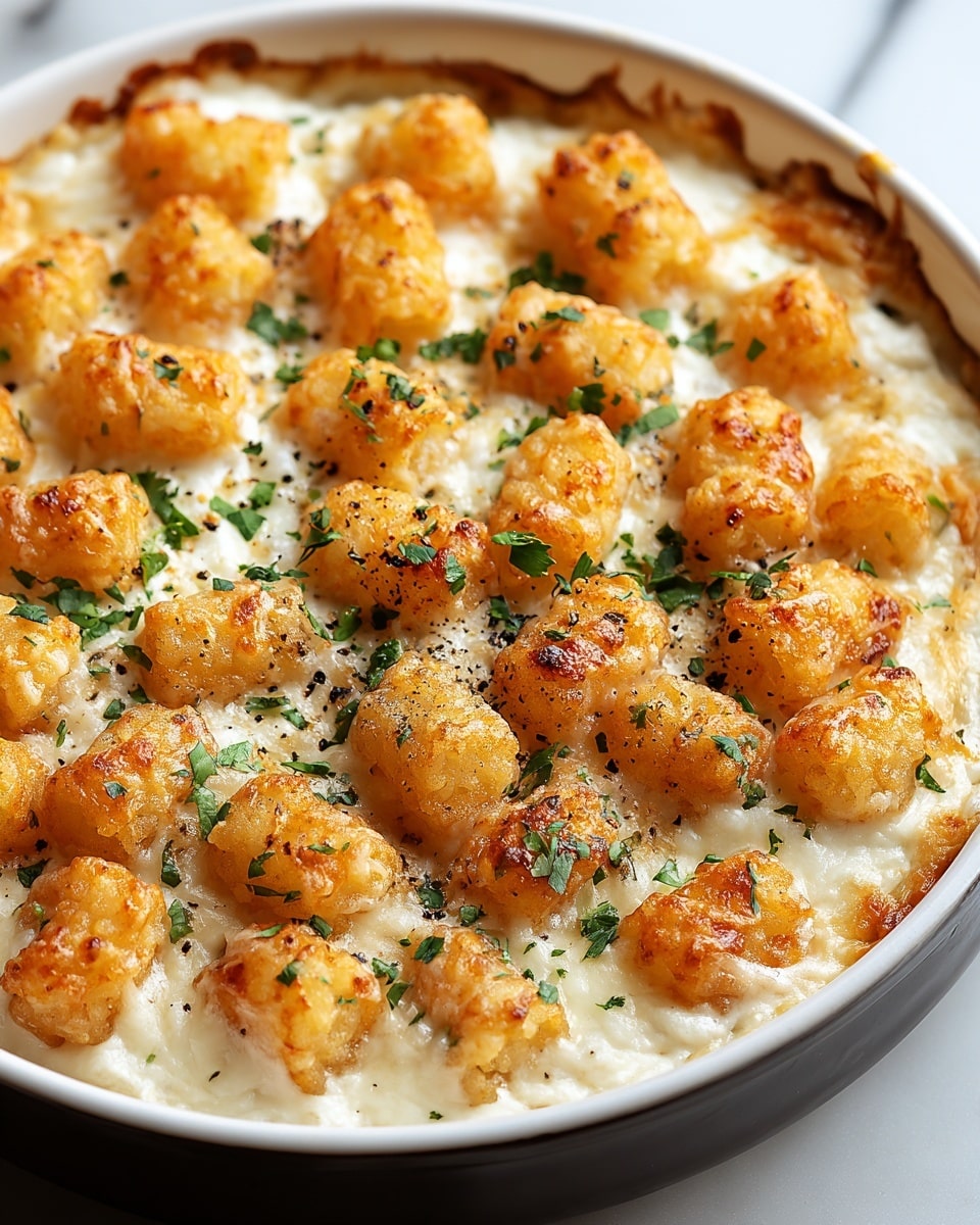 The image shows a white round dish filled with a creamy baked tater tot casserole. The bottom layer is a smooth white sauce with a soft texture, topped by a thick layer of golden brown crispy tater tots that are evenly distributed. The tater tots have a crunchy texture with some browned edges. Scattered finely chopped bright green herbs add a fresh touch on top, along with a light sprinkling of black pepper. The dish looks warm with bubbling cheese or sauce peeking near the edges. The background is a white marbled surface. photo taken with an iphone --ar 4:5 --v 7