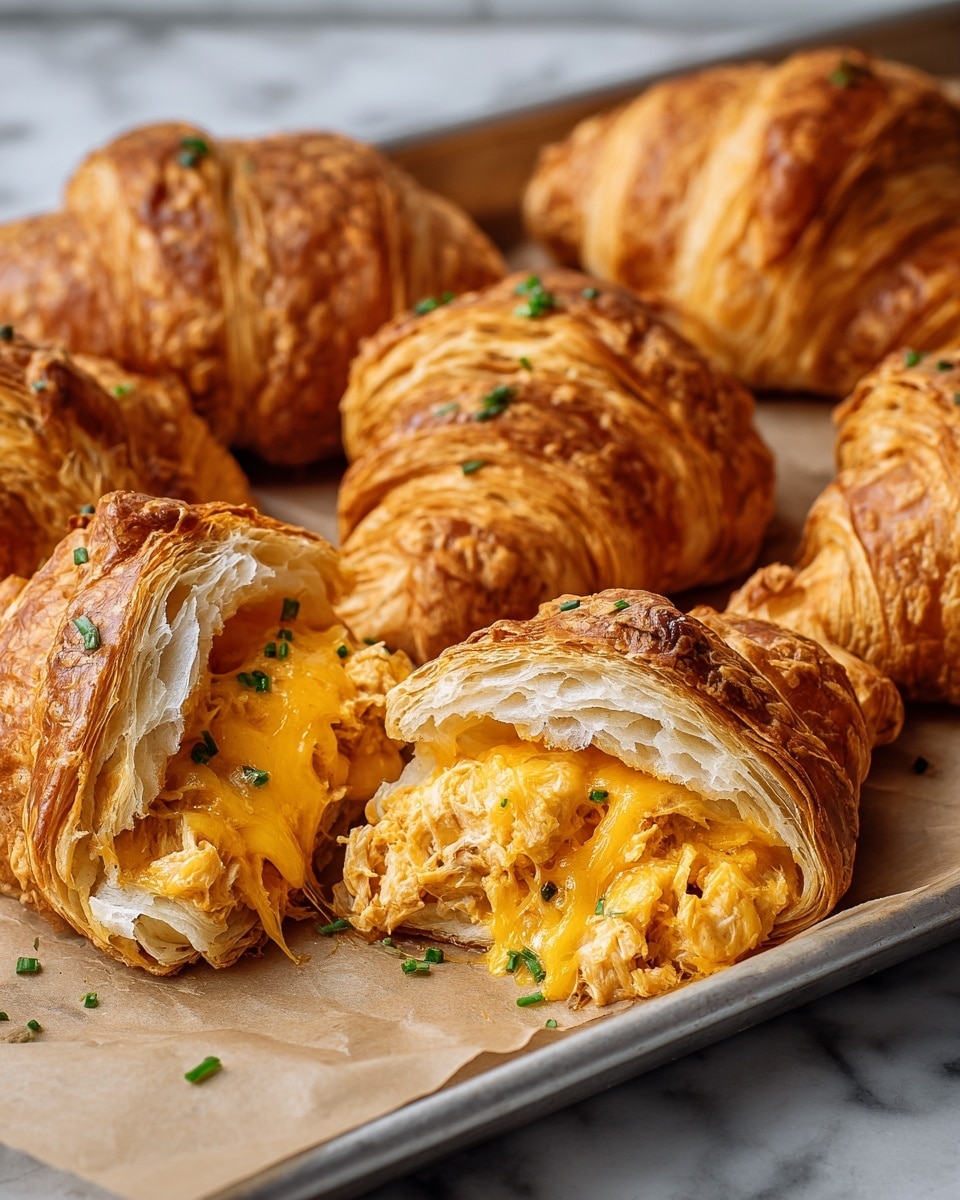 The image shows a group of golden-brown croissants, with the closest one cut open to reveal its layers. Inside, there are two main layers: the flaky, light beige croissant dough with a crispy texture, and a gooey, melted orange-yellow cheese filling mixed with small pieces of cooked chicken. The cheese is soft and stringy, spilling out from the interior. Small green chopped herbs are sprinkled on top of the cheese and the croissants. All croissants rest on a piece of parchment paper inside a tray on a white marbled surface. Photo taken with an iphone --ar 4:5 --v 7