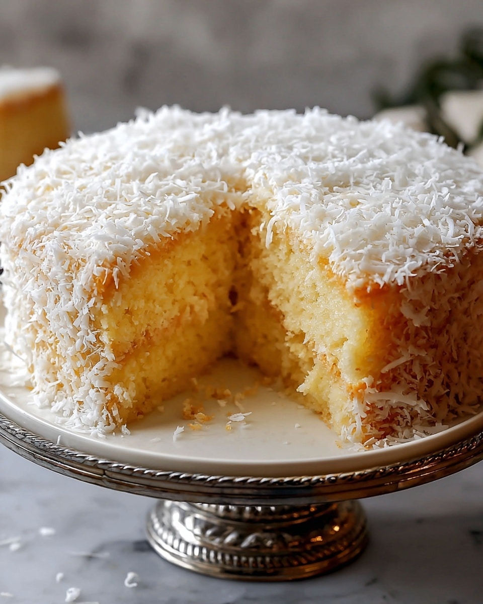 A round coconut cake with two visible layers of light yellow, soft, and moist sponge sits on a white plate with a small slice removed to show its inside texture. The top layer is thickly covered with white shredded coconut that looks fresh and fluffy, contrasting with the cake’s lightly golden edges. The plate rests on a decorative silver stand, and the whole scene is set against a white marbled texture background. photo taken with an iphone --ar 4:5 --v 7