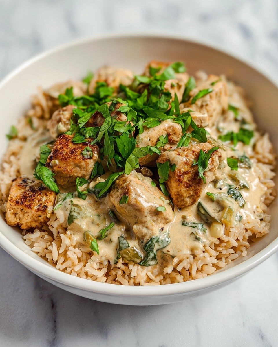 A white bowl holds a layered dish starting with a base of cooked brown rice showing a soft, grainy texture in a light tan color. On top, there are medium-sized browned chicken pieces with a slightly crispy, golden surface. These chicken pieces are covered with a creamy sauce that is light beige with visible small chunks of onions and green herbs mixed in. Fresh green leafy herbs are sprinkled on the very top, adding a bright, fresh contrast to the cream and brown colors below. The bowl is placed on a white marbled surface. photo taken with an iphone --ar 4:5 --v 7