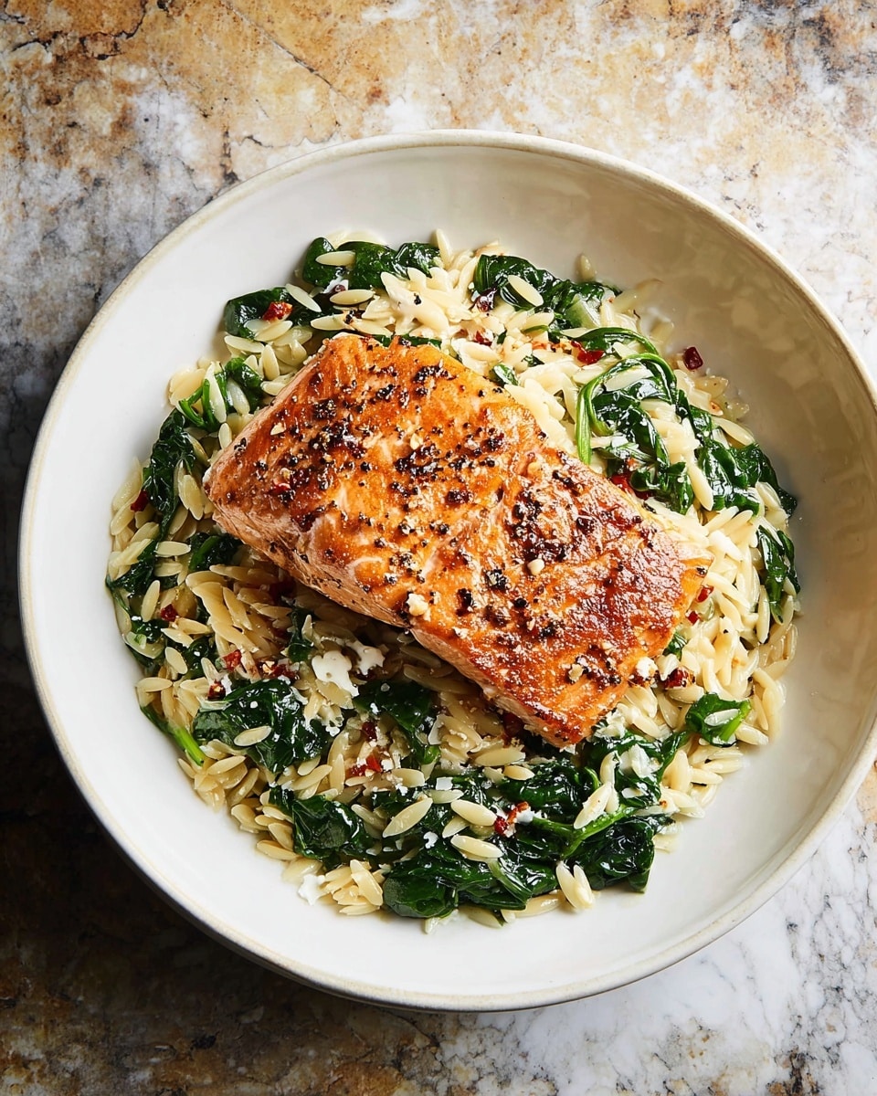 A white round plate holds a dish with two main layers; the bottom layer is a bed of orzo pasta mixed with wilted dark green spinach leaves and sprinkled with small bits of red chili flakes and light-colored cheese crumbles. On top sits a golden-brown piece of seared salmon, showing a slightly crispy texture with a touch of black pepper and seasoning. The plate is set on a white marbled texture surface, giving contrast to the warm colors of the food. photo taken with an iphone --ar 4:5 --v 7