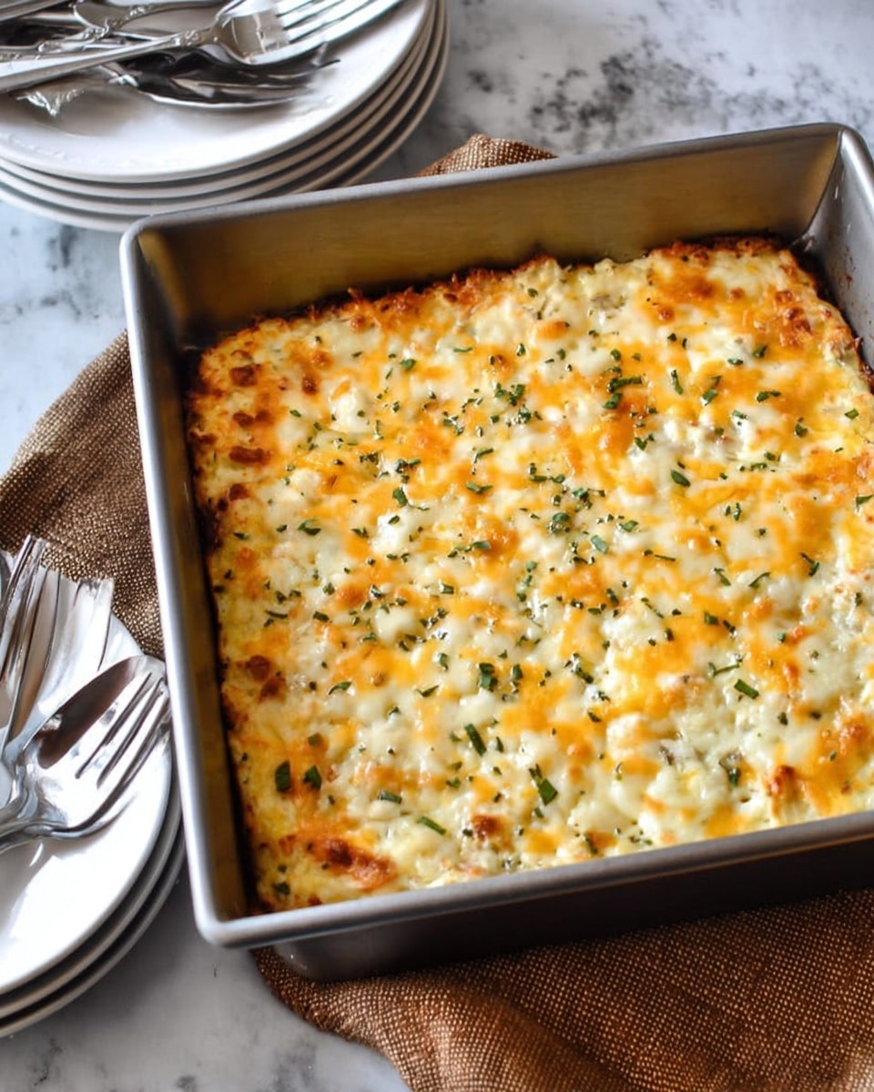 A square metal baking pan filled with a cheesy casserole that has a golden-yellow and white bubbly top layer, sprinkled with small bits of green herbs. The cheese is melted evenly covering the whole surface with slight browning in spots. The pan sits on a brown textured cloth with a white marbled surface underneath. Nearby, there are stacked white plates and silver forks and spoons placed casually. Photo taken with an iphone --ar 4:5 --v 7