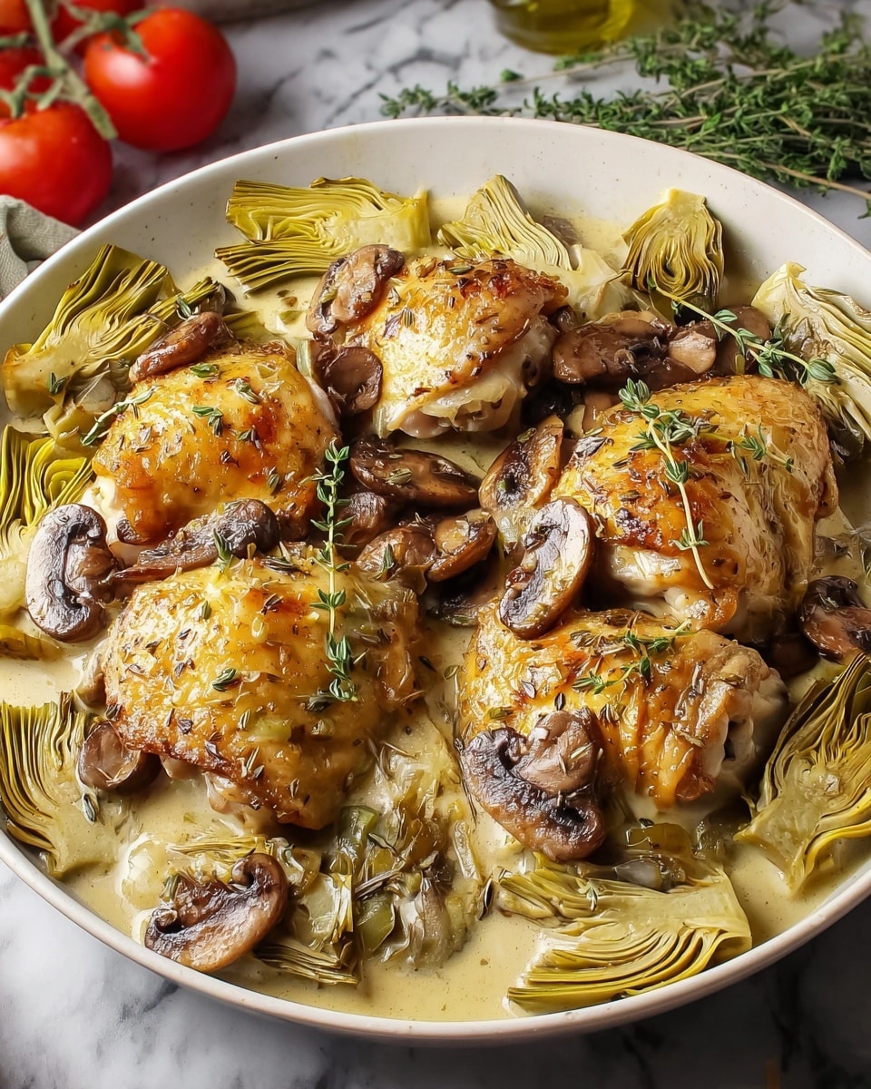 A white shallow bowl holds a warm dish with a base layer of artichoke hearts, pale green with soft texture, arranged around the edges and partially beneath the main pieces. On top are four golden-brown chicken thighs, their skin crisp and slightly shiny with light herbs sprinkled over. Between and above them are whole and sliced brown mushrooms, glazed and tender. A light, creamy sauce coats the dish and pools at the bottom. Fresh green sprigs of thyme rest gently on the chicken, adding a touch of brightness. The background is a white marbled surface, with some tomatoes and herbs faintly visible behind the bowl. Photo taken with an iphone --ar 4:5 --v 7