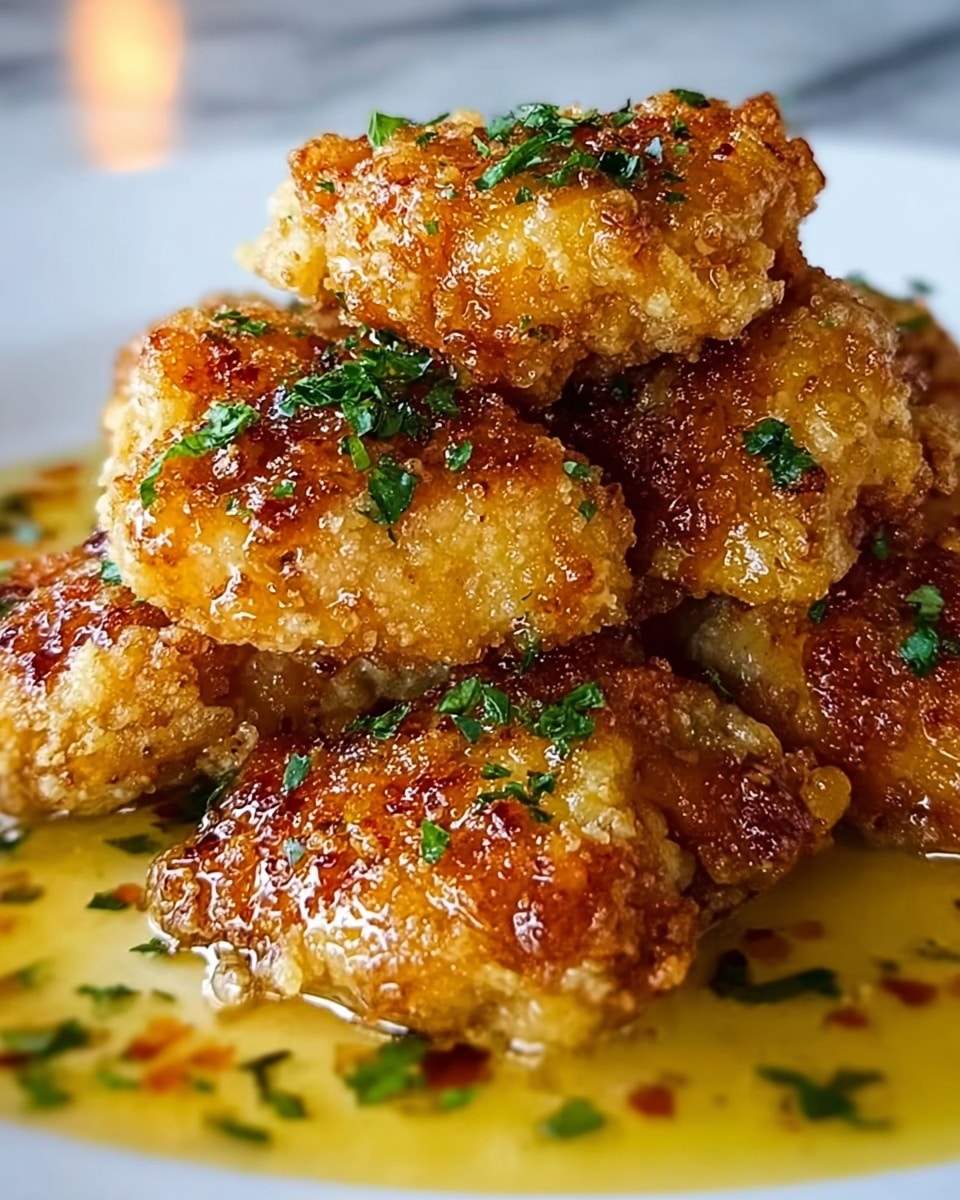 A close-up view of golden brown fried chicken pieces stacked in a small pile, each piece having a crispy, crunchy texture with a shiny, slightly oily surface, and sprinkled with small bits of bright green herbs on top. The sauce beneath the chicken is a light yellow, glossy and smooth, surrounding the base of the chicken pieces. The background shows a white marbled texture. Photo taken with an iphone --ar 4:5 --v 7