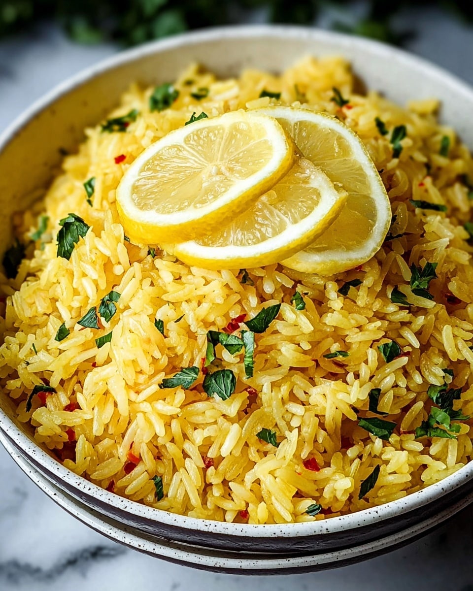 A bowl filled with fluffy yellow rice mixed with small green herb pieces and tiny red bits, topped with two lemon slices placed near the center. The rice looks soft and moist with a slightly oily shine, giving it a rich texture. The bowl is white with small dark specks and a dark rim. The background is a white marbled texture. photo taken with an iphone --ar 4:5 --v 7