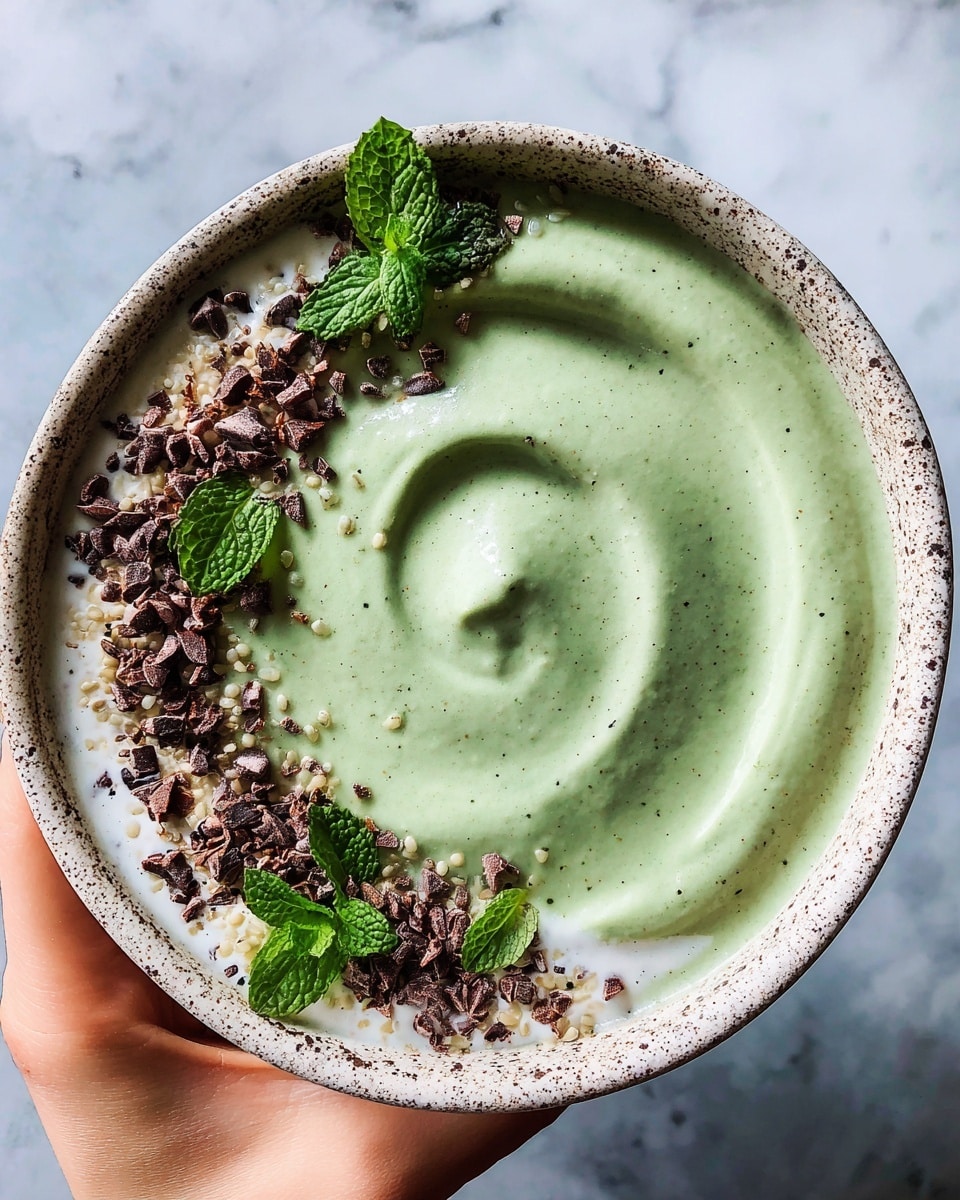 A creamy green smoothie bowl fills a speckled white bowl, with a thick swirl pattern in the center. Along one side of the bowl’s top edge is a layer of white creamy yogurt or sauce. On this layer, there are small dark brown cacao nibs, light beige chia seeds, and fresh bright green mint leaves scattered evenly. The green smoothie base has a smooth, slightly icy texture, with tiny specks visible throughout. A woman's hand with light skin holds the bowl against a white marbled textured background. photo taken with an iphone --ar 4:5 --v 7