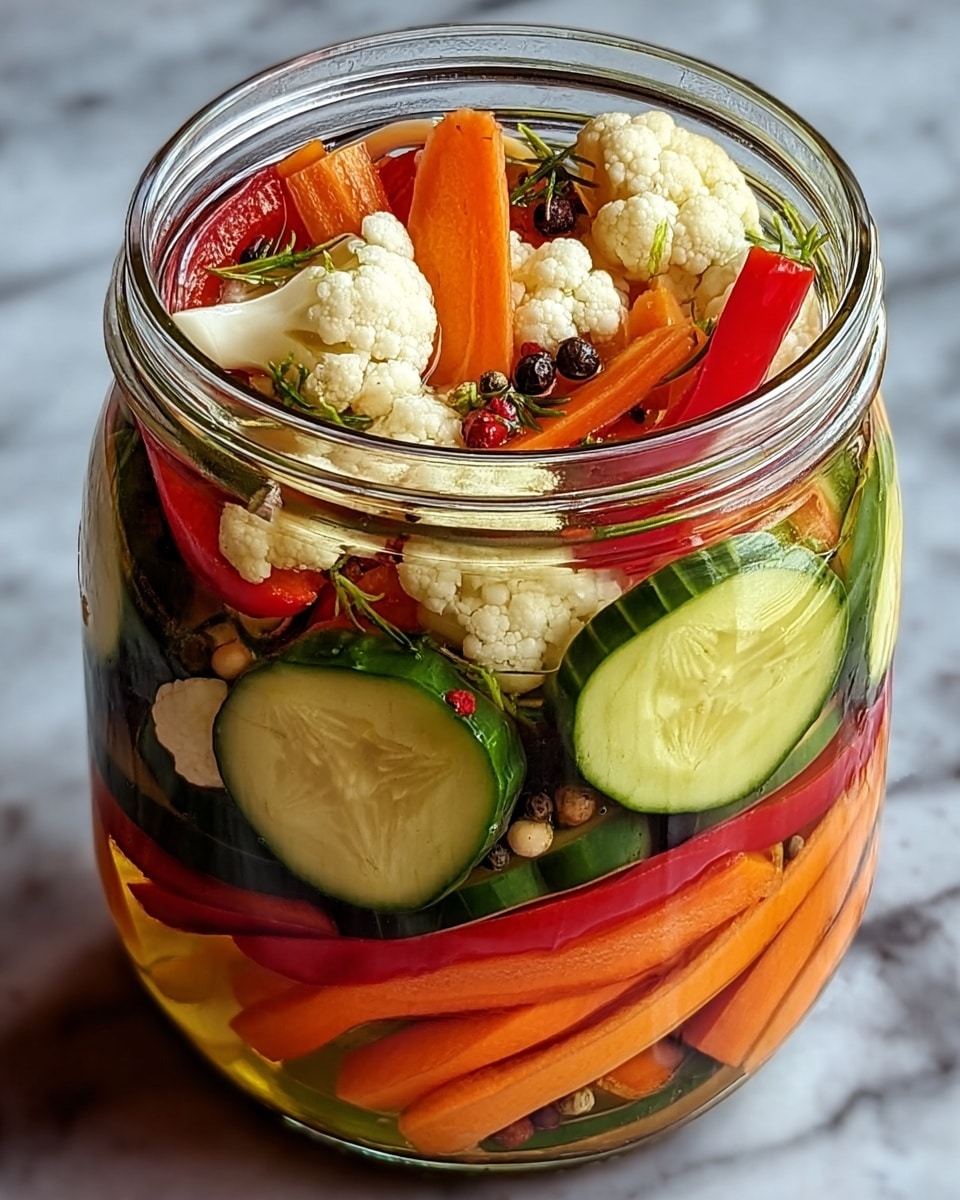A glass jar filled with colorful pickled vegetables sits on a white marbled surface, showing at least four visible layers. The bottom layer is made up of sliced carrots in bright orange, followed by a layer of green cucumber slices with a shiny, moist texture. Above that, there are red bell pepper strips adding a vivid color contrast, and on top of everything, there are small white cauliflower florets along with some black peppercorns and sprigs of herbs floating in clear pickling liquid. The vegetables look fresh and vibrant, tightly packed inside the jar. Photo taken with an iphone --ar 4:5 --v 7