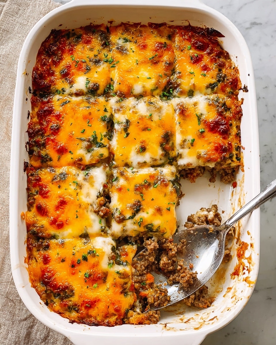 A white oval baking dish filled with a baked casserole showing a golden-brown layer of melted cheese on top, with patches of browned, crispy spots and green leafy bits peeking through, the cheese layer appears thick and bubbly; underneath the cheese, a mix of browned ground meat and green vegetables creates a textured base with uneven surface, with some sauce bubbling around the edges close to the dish sides, all placed on a white marbled surface. photo taken with an iphone --ar 4:5 --v 7
