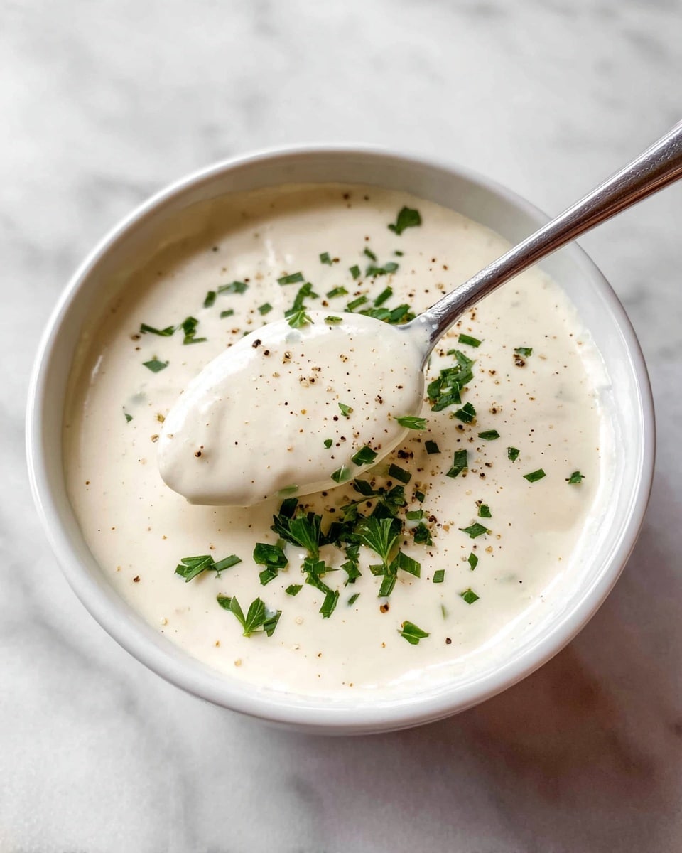 A white bowl filled with thick, creamy white sauce sprinkled with small black pepper bits and chopped green herbs on top; a silver spoon scoops some sauce from the bowl, showing its smooth and slightly textured consistency; the bowl rests on a white marbled surface. photo taken with an iphone --ar 4:5 --v 7