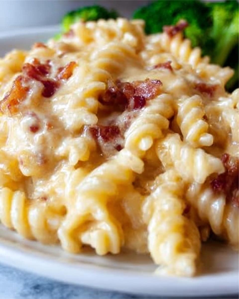 The image shows a close-up of a plate of creamy macaroni and cheese pasta. The pasta is curly and covered in thick, melted cheese with a smooth, slightly shiny texture. There are small pieces of browned bacon mixed in, adding a reddish-brown color contrast to the pale yellow cheese and pasta. The pasta sits on a white plate, and in the blurred background, some green broccoli florets are visible on the side. The whole scene is set on a white marbled surface. photo taken with an iphone --ar 4:5 --v 7