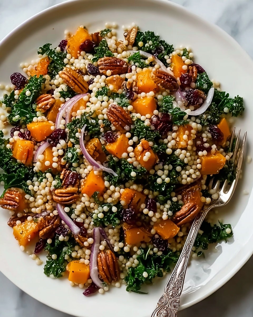 A white plate filled with a colorful salad showing four main layers: a base of small, round, pale couscous balls, scattered bright orange roasted pumpkin cubes, dark green curly kale leaves, and thin slices of light purple onion. Mixed evenly throughout are shiny brown pecan halves and small, dark red dried cranberries. The textures show soft couscous, crisp kale, tender pumpkin, and crunchy nuts, all sitting on a white marbled surface. A vintage silver fork with elaborate patterns is placed on the edge of the plate. photo taken with an iphone --ar 4:5 --v 7
