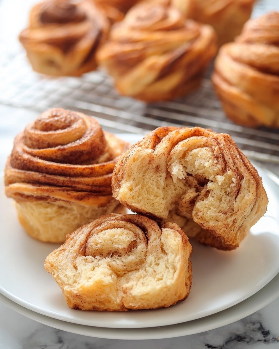 The image shows three cinnamon rolls on a white plate with one roll broken in half, revealing a soft, fluffy inside with visible swirls of cinnamon filling. Each roll has multiple twisted layers of golden-brown dough with darker cinnamon stripes on the surface that create a textured, spiral pattern. In the background, more cinnamon rolls sit on a cooling rack, slightly blurred. The whole scene is set against a white marbled surface, highlighting the warm, inviting colors of the rolls. photo taken with an iphone --ar 4:5 --v 7