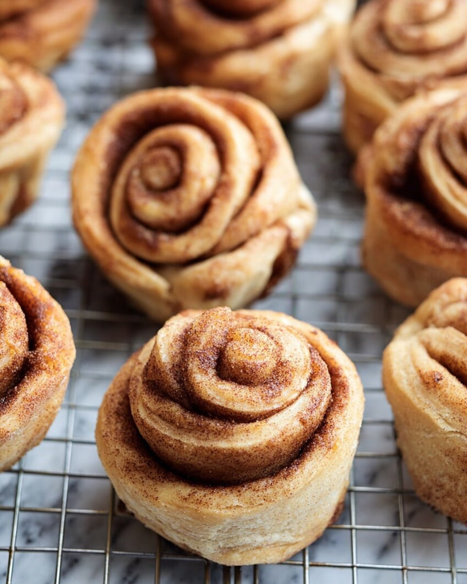 The image shows several cinnamon rolls with multiple visible layers of dough and cinnamon sugar spiraled tightly, creating a textured and fluffy appearance. The rolls have a light golden-brown color with darker cinnamon spots dusted on top. They are placed on a metal wire cooling rack against a white marbled surface background. The rolls have a slightly uneven, homemade look with some rolls having a more open spiral and others with a more twisted top layer. photo taken with an iphone --ar 4:5 --v 7