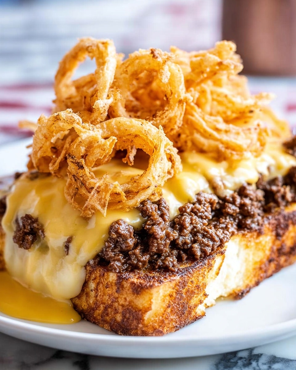 This image shows a close-up of a dish on a white plate with a white marbled surface underneath. The bottom layer is a thick piece of toasted bread, which has a golden brown color with a slightly crispy texture. On top of the bread, there is a thick layer of cooked ground beef, which is dark brown and crumbly. Above the beef, there is a smooth, melted yellow cheese sauce that is slightly runny and spilling over the sides. The top layer consists of a generous pile of golden crispy fried onion rings, which have a light and crunchy texture with some areas of slightly darker browning. The dish looks rich and hearty, with a mix of soft, creamy, and crunchy textures. photo taken with an iphone --ar 4:5 --v 7
