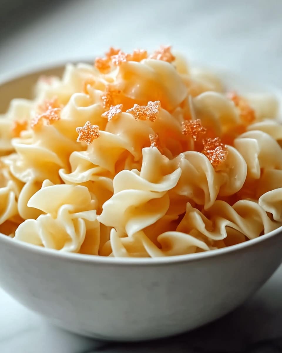 A close-up of a white bowl filled with light yellow pasta that has a curly, wave-like shape. On top, there are small orange star-shaped pieces sprinkled over the pasta, giving a textured and slightly shiny appearance. The bowl sits on a white marbled surface with a soft blurred background. Photo taken with an iphone --ar 4:5 --v 7