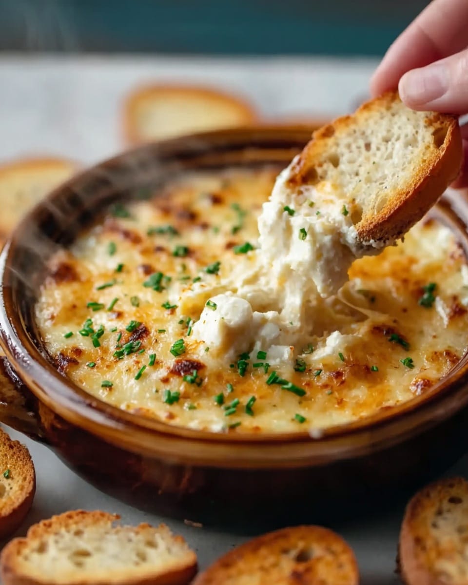A round, rustic brown ceramic bowl holds a creamy, warm dish with a golden melted cheese layer on top, sprinkled with small chopped green herbs. Below this top layer, a soft, white, fluffy cheese mixture is visible, being scooped up with a round toasted white bread slice held by a woman's hand on the right side. The bowl rests on a white marbled texture surface with more toasted bread pieces around it. Gentle steam rises from the dish, showing it is hot and fresh. Photo taken with an iphone --ar 4:5 --v 7