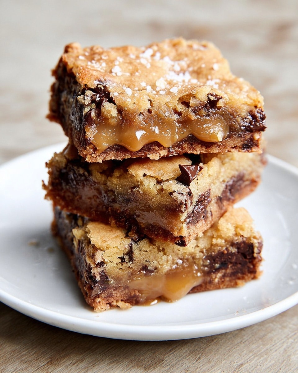 A white plate holds a stack of three gooey cookie bars with a golden brown, slightly crumbly top layer sprinkled with coarse salt. The middle layer is thick and caramel-colored, oozing out softly between the slightly cracked cookie layers above and below, which have dark chocolate chunks visible throughout. The bars look soft and rich with a slightly crunchy texture on the outside. The plate is set on a white marbled surface. photo taken with an iphone --ar 4:5 --v 7