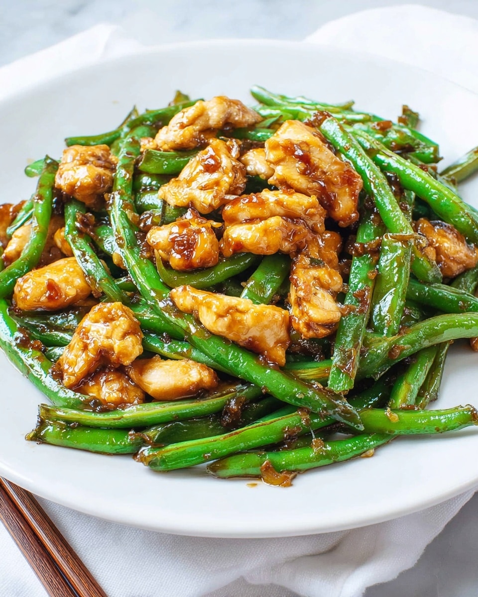 A white plate with a dish of stir-fried green beans and pieces of golden brown chicken. The green beans are bright green and slightly wrinkled, forming the base layer covering the plate. On top and mixed throughout are medium-sized chicken pieces with a shiny, sticky brown sauce coating them. The colors contrast well with the white plate and white marbled surface underneath. The dish looks fresh, glossy, and appetizing, with a few chopsticks lying at the front edge of the image. photo taken with an iphone --ar 4:5 --v 7