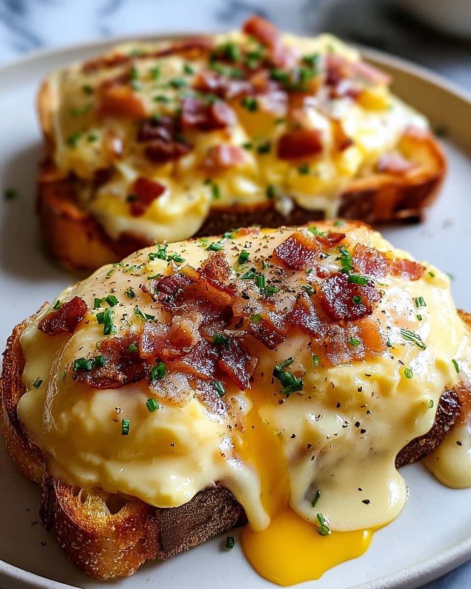 The image shows two open-faced sandwiches on a white plate with a white marbled surface underneath. Each sandwich has a base layer of toasted bread with a golden brown, crispy texture. On top, there is a thick spread of creamy, light yellow scrambled eggs covered by a smooth, shiny layer of melted cheesy sauce with a pale yellow color, flowing slightly down the sides. The top is scattered with small pieces of crispy, browned bacon and finely chopped green herbs, along with a sprinkle of black pepper. The melted sauce and egg layer look rich and gooey, with one sandwich showing a visible bite revealing soft, fluffy eggs inside. Photo taken with an iphone --ar 4:5 --v 7