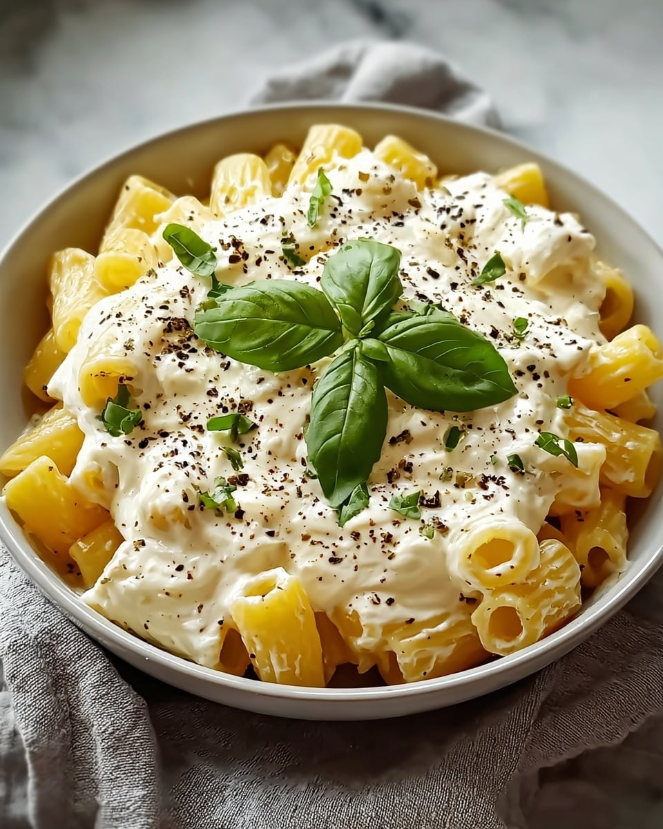 A white bowl holds a creamy pasta dish composed of three main layers. The bottom layer is short, tubular yellow pasta that looks soft and well-cooked. On top, there is a thick layer of white creamy cheese sauce that covers the pasta evenly but still shows some pasta pieces. The top layer is sprinkled with cracked black pepper and small pieces of green herbs, with three whole fresh basil leaves placed neatly in the center. The bowl sits on a soft light grey cloth on a white marbled surface. Photo taken with an iphone --ar 4:5 --v 7