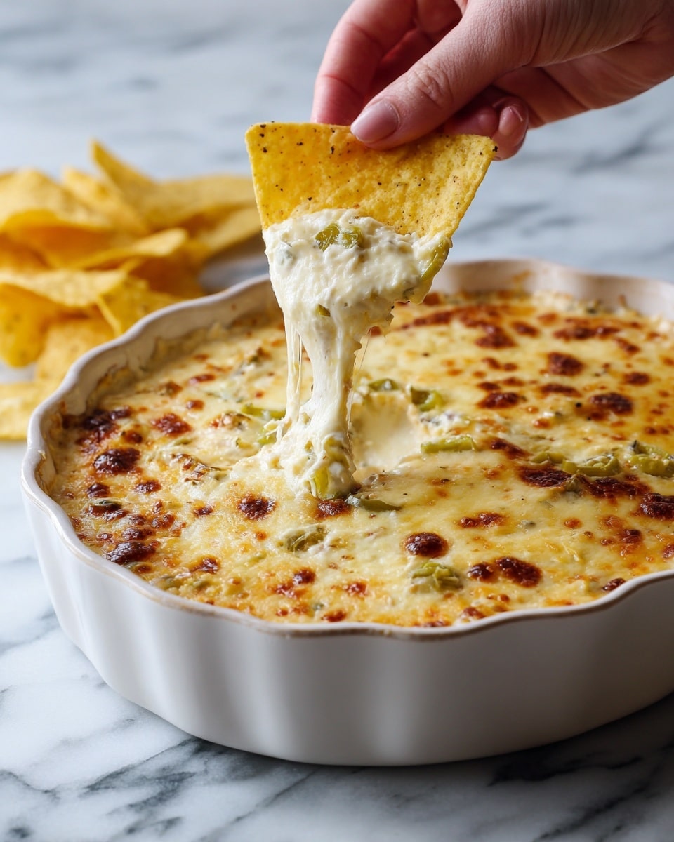 A creamy dish with a bubbly, slightly browned top layer covered in small pieces of green peppers scattered evenly. The dish is in a white ceramic pie dish with scalloped edges showing slight browning near the rim, filled to the top with a smooth, thick texture. The top layer is golden with toasted spots, showing a mix of white and light brown, contrasted by the bright green vegetable bits, creating a visually rich surface. Photo taken with an iphone --ar 4:5 --v 7
