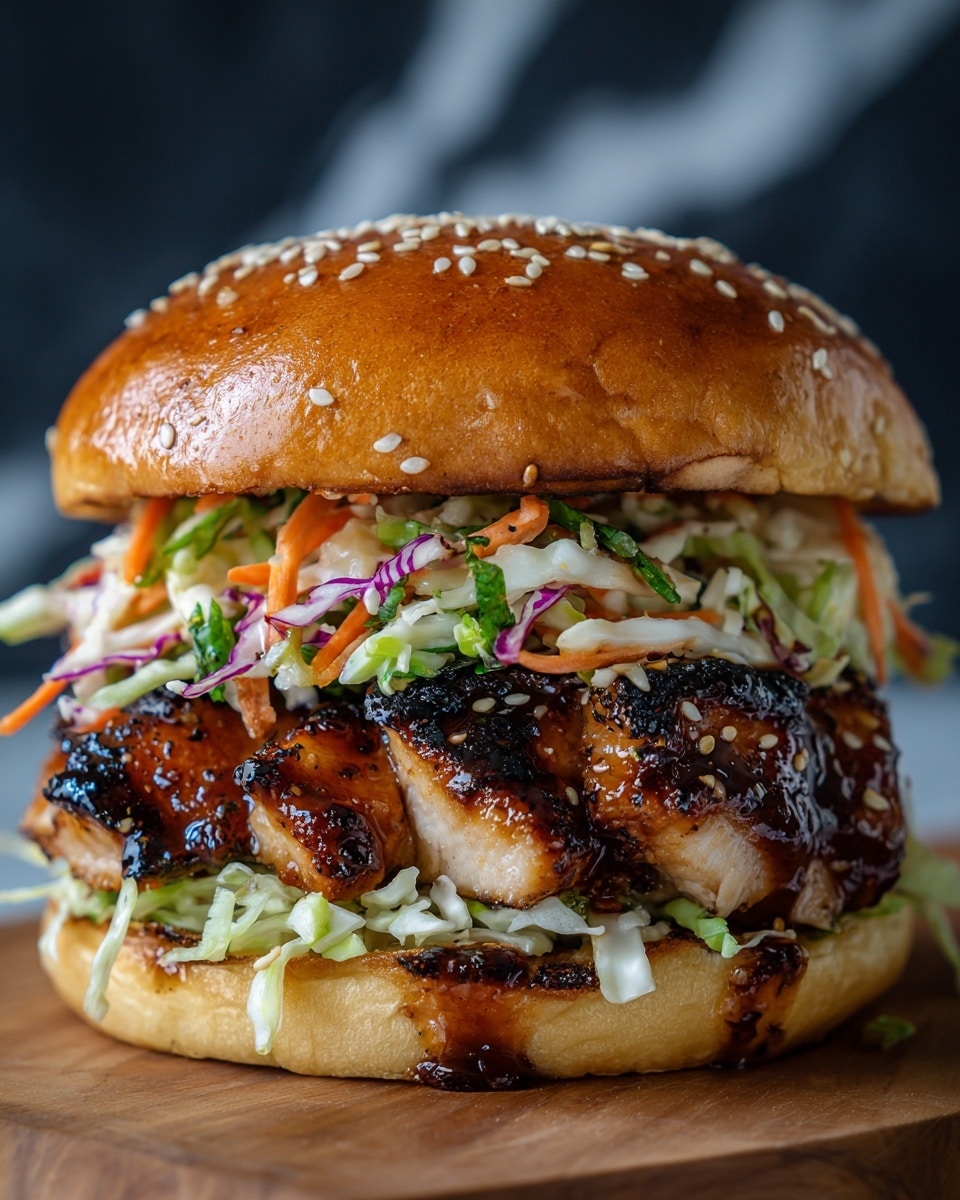 A close-up of a juicy grilled chicken sandwich with a shiny golden brown sesame seed bun on top, layers visible from bottom to top: a light golden brown toasted bun base, bright green shredded lettuce, glossy dark charred grilled chicken pieces covered in a sticky, rich brown sauce, topped with a fresh coleslaw mix of thin purple cabbage, orange carrot strips, white cabbage, and small green onion pieces, all resting on a white plate on a white marbled surface. Photo taken with an iphone --ar 4:5 --v 7
