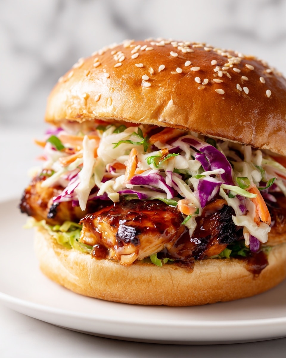 A close-up of a chicken sandwich with four layers inside a shiny, golden-brown sesame seed bun. The bottom bun is toasted with slight char marks and sits on a bed of light green shredded lettuce. On top of the lettuce is a thick layer of juicy, glazed grilled chicken pieces coated in a dark, sticky sauce with blackened grill marks. Above the chicken is a colorful mix of shredded vegetables including bright orange carrots, light green celery, white cabbage, and purple cabbage, all finely cut. The top bun is smooth and glossy with scattered sesame seeds. The sandwich is placed on a wooden surface with a blurred dark background replaced by a white marbled texture. photo taken with an iphone --ar 4:5 --v 7