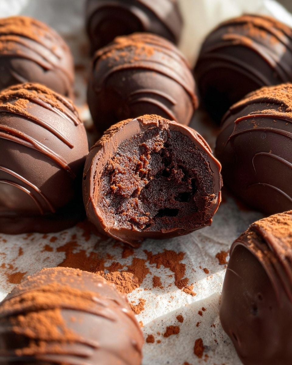 The image shows a close-up of several round chocolate truffles arranged on a white marbled surface with some brown parchment paper underneath. The truffles have a smooth, shiny dark brown chocolate shell with thin drizzles of darker chocolate on top, adding texture. One truffle in the center is bitten, revealing a dense, rich, slightly crumbly dark chocolate filling inside. Light dusts of cocoa powder are scattered over the truffles and surface, adding a fine powdery texture. Warm sunlight highlights the glossiness of the chocolate shells and the rich moist inside of the bitten truffle. photo taken with an iphone --ar 4:5 --v 7