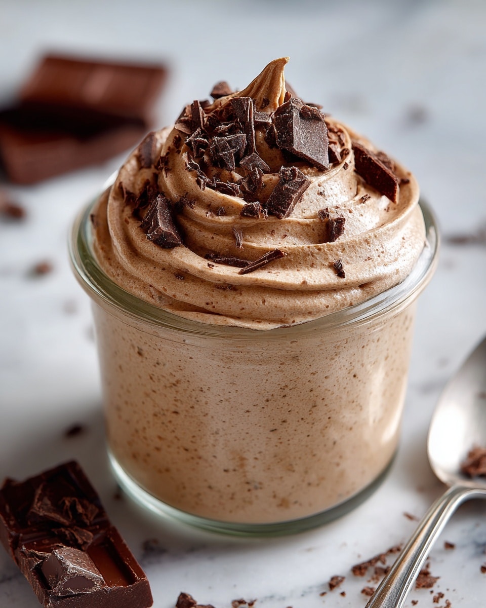 The image shows a single layer of smooth, rich, dark brown chocolate protein pudding filled in a clear glass jar, topped with a generous sprinkle of dark chocolate chunks and shavings. The pudding has a creamy texture with a glossy surface, and the chocolate pieces on top add a rough texture contrast. The jar sits on a white marbled background, and in the second part of the image, a spoon is scooping up the pudding with the same chocolate chunks on top, showing the thick and creamy consistency up close. Photo taken with an iphone --ar 4:5 --v 7