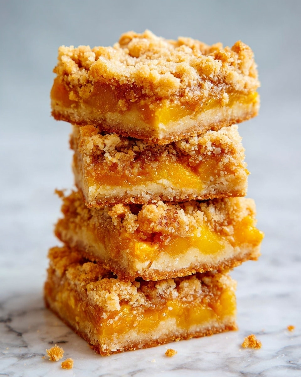 The image shows a close-up of a stack of four crumbly bars. Each bar has three visible layers: a bottom layer of golden-brown crust, a middle layer filled with bright orange fruit pieces, and a thick top layer of light golden crumb topping with a rough texture. The bars are placed directly on a white marbled surface, with a few crumbs scattered around the base. The colors contrast well, with the bright orange fruit standing out between the beige crust and crumb layers. photo taken with an iphone --ar 4:5 --v 7