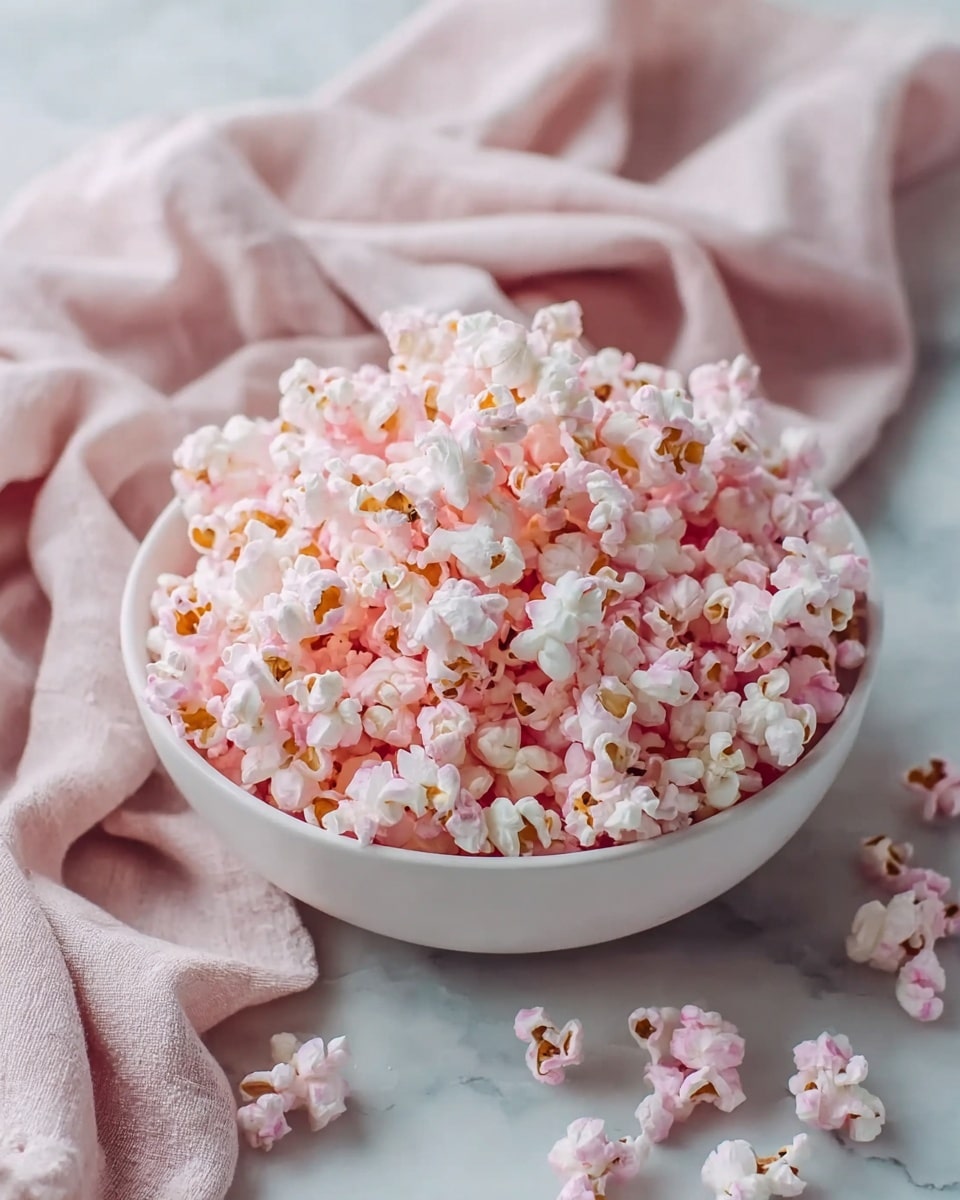 A large white bowl filled with pink popcorn, each kernel fluffy with shades of pale pink and white, some pieces showing light brown centers. The bowl sits on a white marbled surface with a soft pink cloth gently folded in the background, creating a cozy feel. A few popcorn pieces are scattered casually around the bowl, adding a touch of natural messiness and texture. photo taken with an iphone --ar 4:5 --v 7
