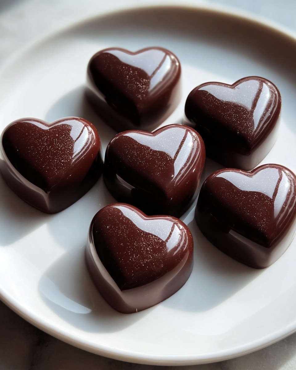 A white plate holds six heart-shaped chocolates arranged closely together. Each chocolate is deep dark brown with a shiny, smooth, and reflective surface, showing soft highlights and tiny air bubbles inside. The chocolates have a slightly rounded top and sharp edges, giving a rich, glossy look. The plate sits on a white marbled surface with gentle natural light enhancing the chocolates' smooth texture and gloss, casting soft shadows beneath them. photo taken with an iphone --ar 4:5 --v 7