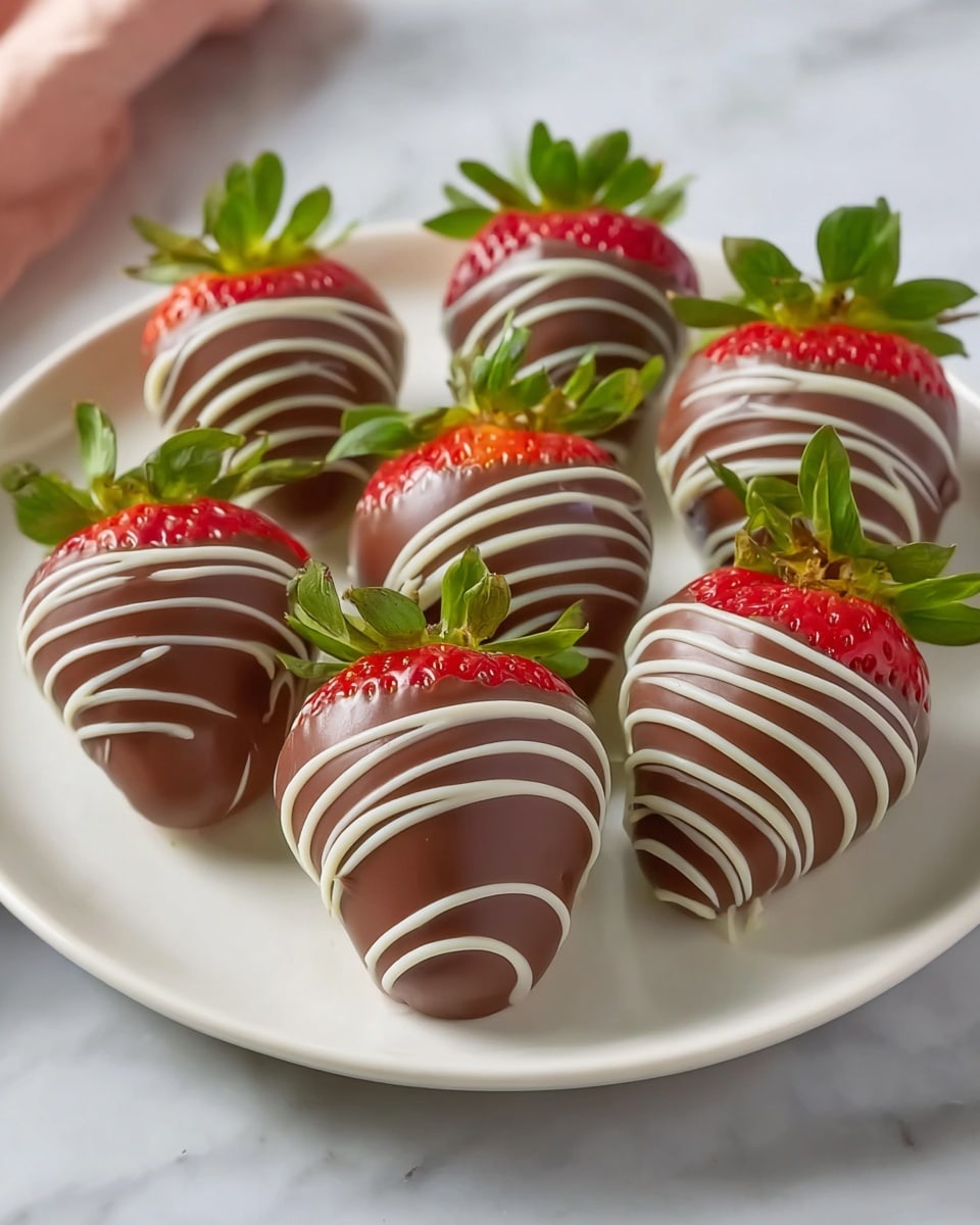 Six large strawberries are fully dipped in smooth milk chocolate, arranged on a simple white plate. Each strawberry keeps its green leafy top untouched, and the red juicy fruit is visible above the chocolate. White chocolate is drizzled in thin, even stripes across the milk chocolate layer on each strawberry, creating a neat contrast. The plate is placed on a white marbled surface, with soft natural light highlighting the shiny texture of the chocolate and the freshness of the strawberries. photo taken with an iphone --ar 4:5 --v 7