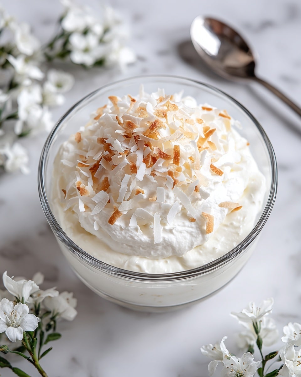 A clear glass bowl sits on a white marbled surface, filled with a creamy white base layer that appears soft and smooth. On top, there is a mound of fluffy whipped cream, slightly swirled for texture. The whipped cream is sprinkled generously with toasted coconut flakes, some pure white and others golden brown, adding a mix of soft and crunchy textures. In the background, delicate white flowers with small petals add a gentle decorative touch, and a shiny silver spoon lies nearby. photo taken with an iphone --ar 4:5 --v 7