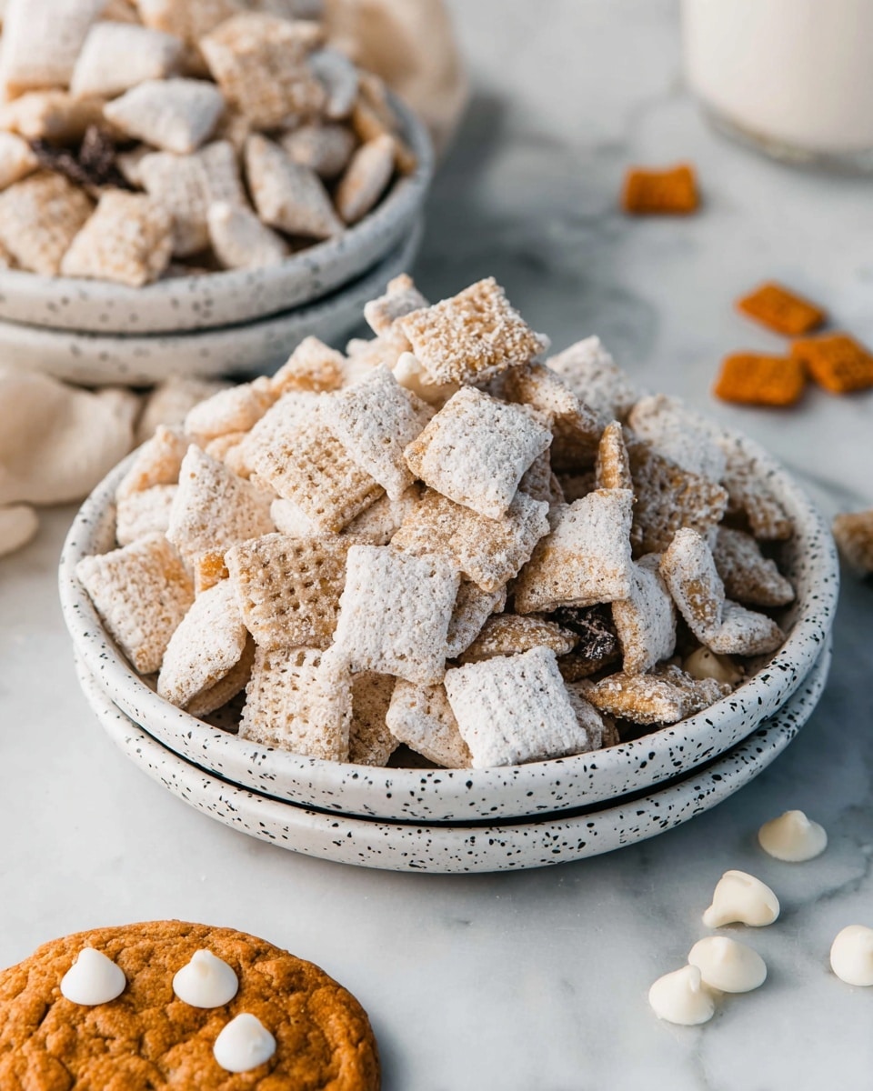 The image shows a close-up of two stacked white plates with black speckles filled with a snack mix. The top plate is heaped with square cereal pieces covered in a light white powder and small dark orange cookie crumbs scattered among them. To the right in the foreground, there are a few white chocolate chips and part of a brown cookie with white chips on top, all set on a white marbled surface. The soft lighting highlights the texture of the powder and crumbs, giving the snack a crunchy and sweet look. Photo taken with an iphone --ar 4:5 --v 7
