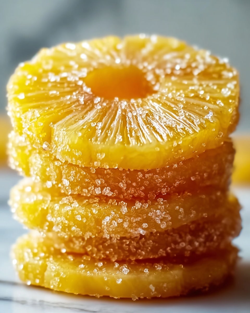 A close-up view of a stack of four golden-yellow pineapple rings, each coated with granulated sugar crystals that sparkle and catch the light, emphasizing the juicy texture of the pineapple slices. The rings are neatly stacked one on top of another, showing the translucent, fibrous pattern of the fruit with light shining through the segments. The pineapple pieces have a slightly glossy surface, dusted with sugar on top and around the edges, making the layers appear thick and textured. The background is a soft blur with a white marbled texture visible. photo taken with an iphone --ar 4:5 --v 7
