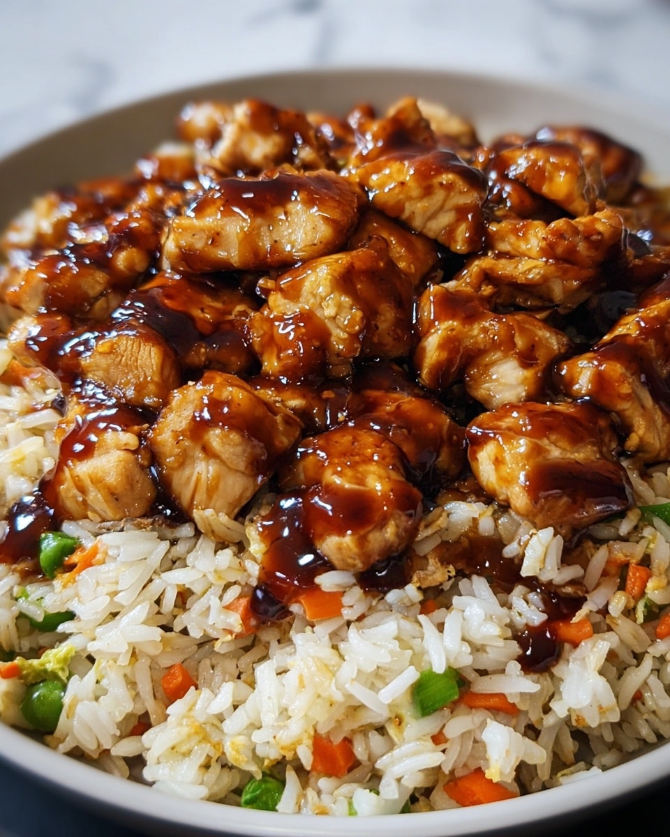 The image shows a close-up of a dish with two main layers in a white bowl. The bottom layer is fried rice mixed with small pieces of carrots, green vegetables, and other finely chopped ingredients, giving it a white base with specks of orange and green throughout. The top layer has chunks of cooked chicken coated with a shiny dark brown sauce that looks thick and glossy, spread evenly over the rice. The chicken pieces are golden brown with a slightly caramelized texture, and the sauce drips a little over the rice, adding contrast and shine. The bowl sits on a white marbled surface. photo taken with an iphone --ar 4:5 --v 7
