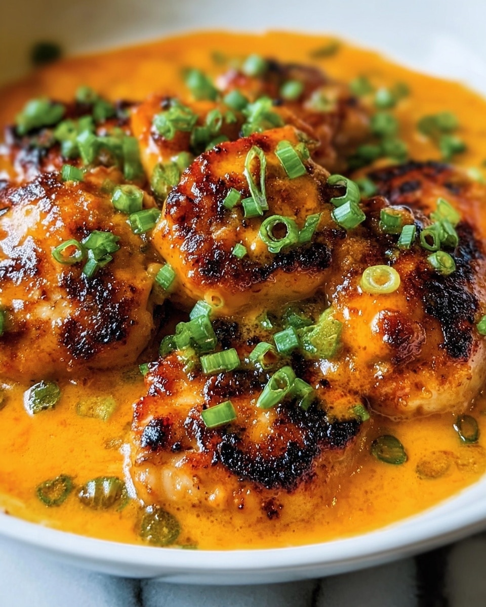 The image shows a close-up of several browned chicken pieces covered in a shiny, thick orange sauce. The chicken pieces are grilled or seared, with visible charred marks and crispy edges, giving them a textured look. Bright green chopped spring onions are sprinkled on top and around the chicken, adding a fresh contrast to the rich sauce. The dish is served in a white bowl, sitting on a white marbled surface, enhancing the vivid colors of the food. photo taken with an iphone --ar 4:5 --v 7