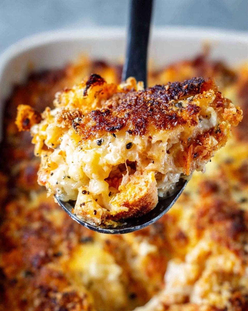 A close-up view of a black spoon holding a scoop of baked cheesy dish with three visible layers: the top layer is golden-brown crispy crust with a crumbly texture, the middle layer is melted light yellow cheese with some darker browned spots and small black specks of seasoning, and the bottom layer is a creamy mixture with chunks of soft ingredients in white and light tan colors. The spoon is held above a blurred background of the same dish filled in a white marbled textured container, showing a rough and browned topping. Photo taken with an iphone --ar 4:5 --v 7