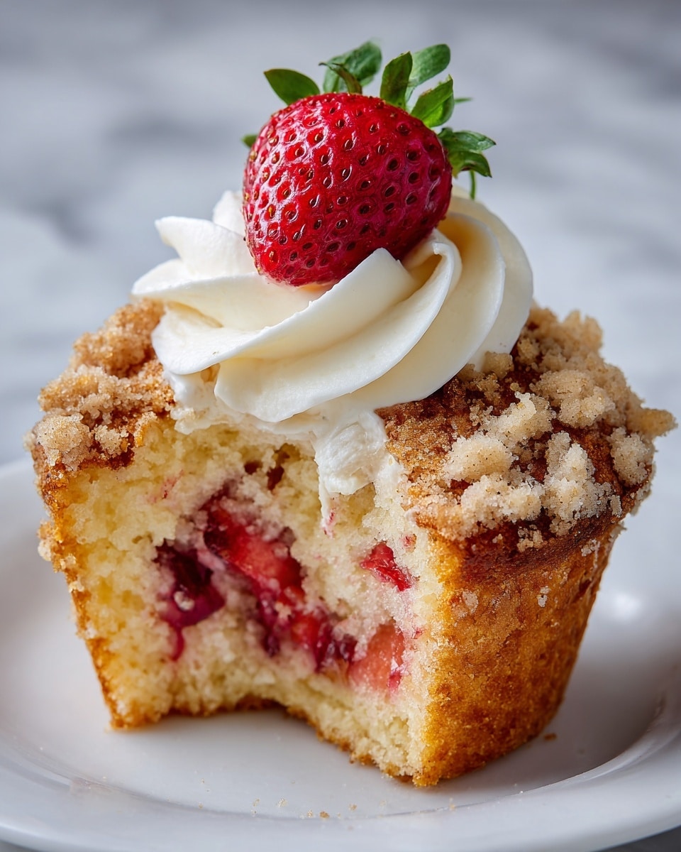 A close-up view of a muffin split open to show three layers: a light golden-brown crumbly top with streusel, a middle layer of bright red strawberry pieces with a glossy texture mixed with a white cream filling, and a soft light yellow cake base. The muffin is placed on a white plate with a silver fork beside it, all set against a white marbled surface. Photo taken with an iphone --ar 4:5 --v 7
