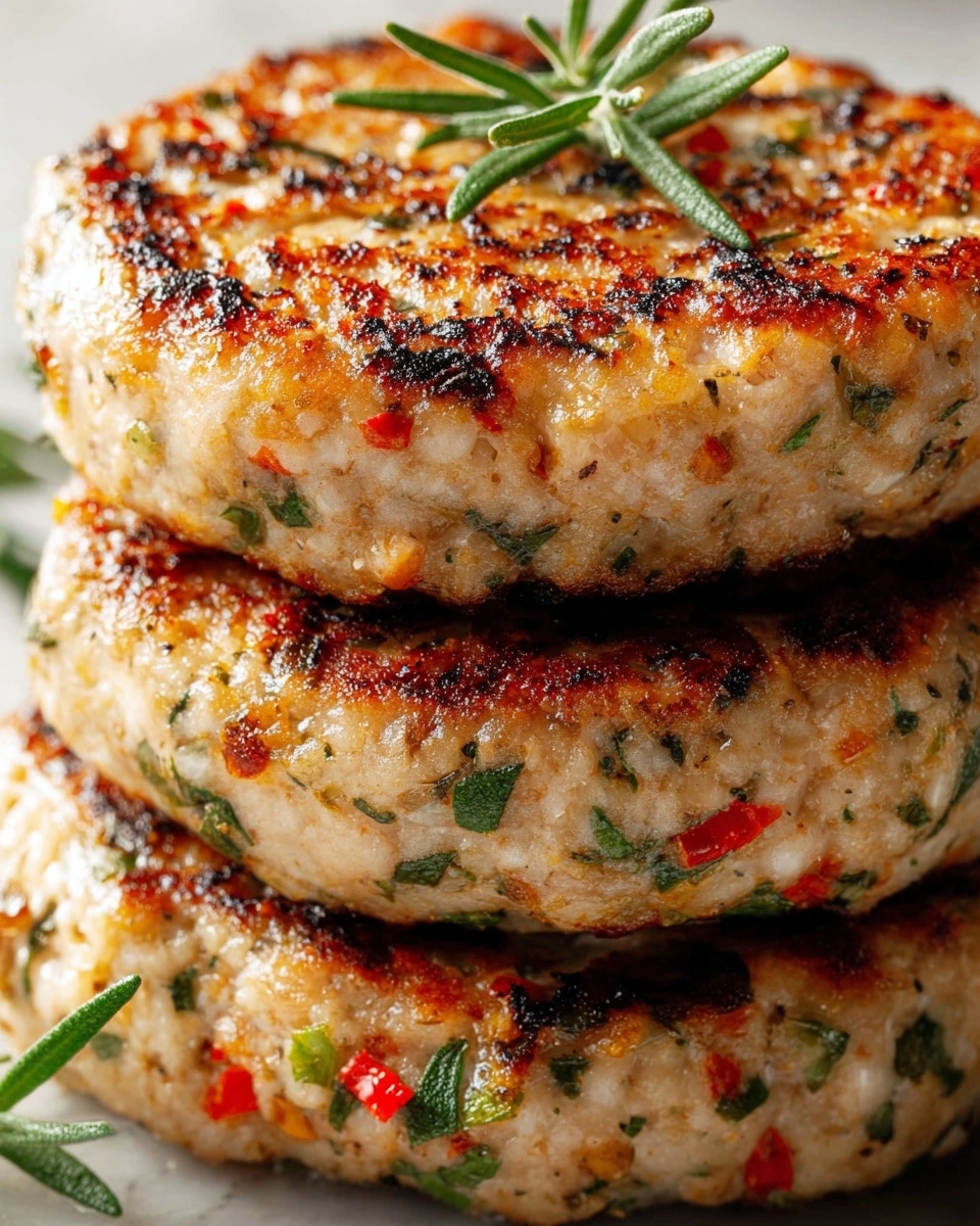 A close-up view of a stack of three cooked patties, each thick and round with a light beige base mixed with visible green herbs and small red pepper pieces throughout. The surface of the patties is golden brown with a slightly charred texture, creating a crispy look on top. Small fresh rosemary sprigs are placed softly on and around the stack. The background is a white marbled texture. photo taken with an iphone --ar 4:5 --v 7