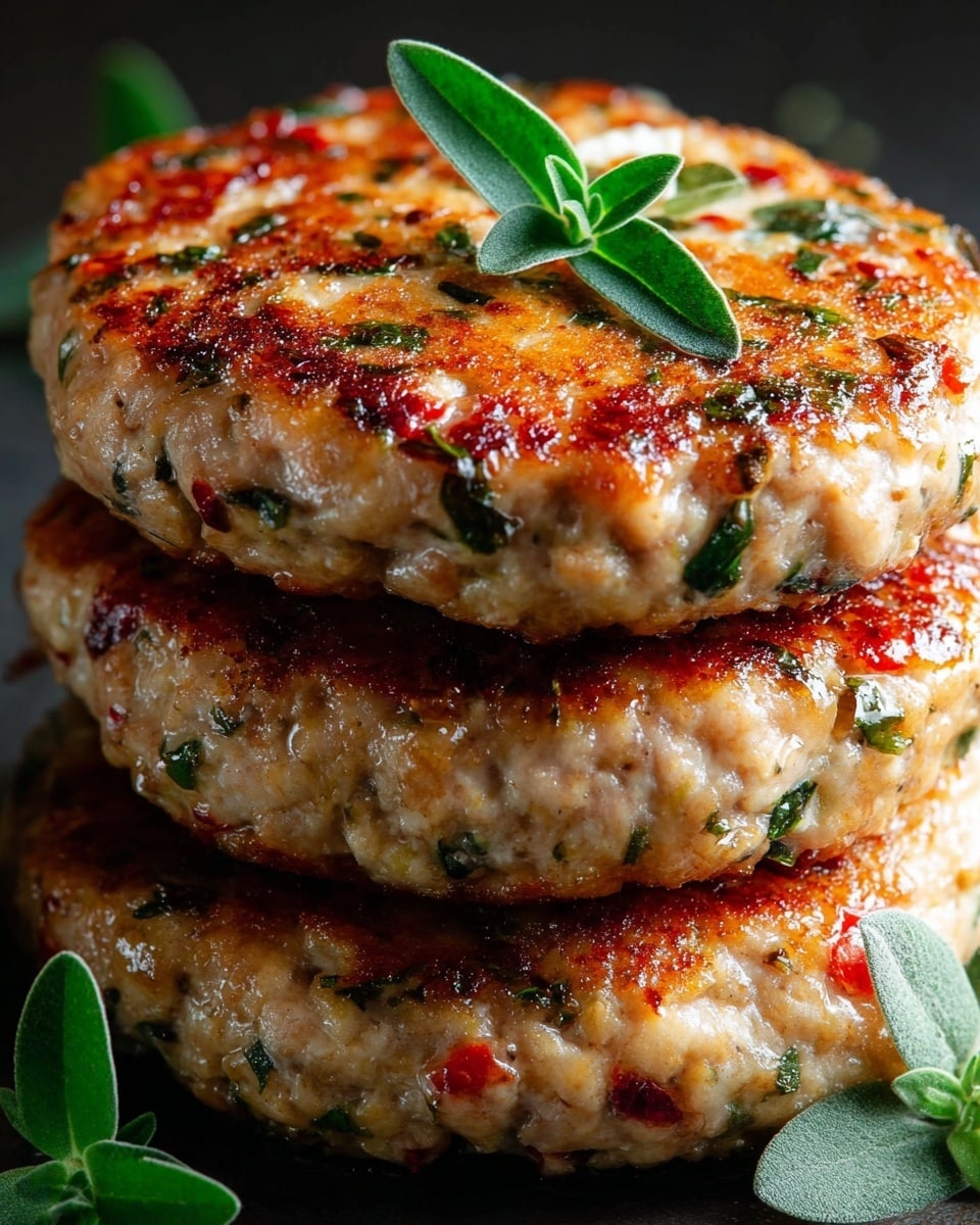 A close-up view of a stack of three thick patties, each layer showing a mix of light beige with visible small green herbs and red pepper pieces, cooked to a golden brown on the outside with textured crisp edges. The top patty is adorned with a fresh green herb leaf on top. The stack sits on a dark surface with a few green herb leaves around. The patties have a moist and slightly shiny texture from cooking. photo taken with an iphone --ar 4:5 --v 7