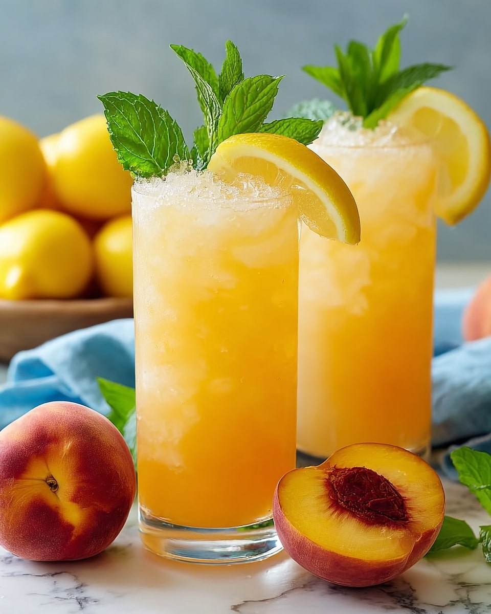 There are two clear tall glasses filled with a light orange drink that has crushed ice inside, making the surface look cold and slightly frothy. Each glass is garnished with a bright yellow lemon slice on the rim and a fresh green mint sprig placed beside the lemon. Around the glasses, there are whole and cut peaches showing their orange-yellow flesh and reddish skin. In the background, some whole yellow lemons are visible sitting on a white marbled surface with a light blue cloth nearby. photo taken with an iphone --ar 4:5 --v 7