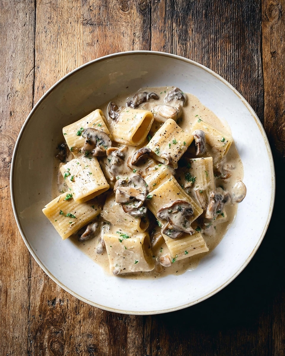 A white round bowl filled with large tubular pasta pieces in a creamy, thick beige sauce mixed with sliced brown mushrooms and small green herb flakes, all evenly coated and slightly glossy; the pasta pieces are scattered and layered naturally, some standing upright, others lying down, with the sauce pooling around them. The bowl sits on a rustic wooden surface. photo taken with an iphone --ar 4:5 --v 7