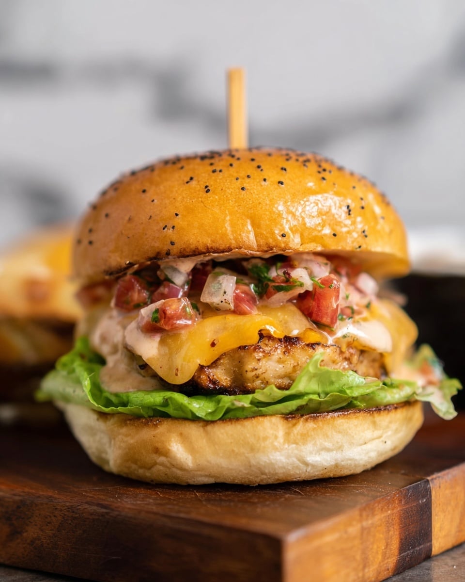 The image shows a close-up of a sandwich placed on a dark wooden surface with a white marbled texture in the background. The sandwich is made of a golden-brown bun sprinkled with black seeds. Inside, there is a fresh green lettuce leaf at the bottom, topped by a thick, lightly grilled chicken patty covered with melted yellow cheese. On top of the cheese, there is a layer of salsa made of small red and white diced tomatoes and onions mixed with creamy sauce. The sandwich is held together with a light wooden skewer piercing through the bun from top to bottom. Photo taken with an iphone --ar 4:5 --v 7