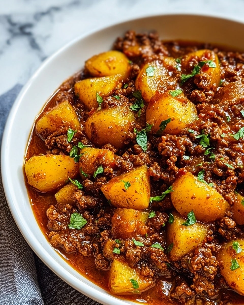 A close-up view of a white bowl filled with a rich stew made of small chunks of browned potatoes and crumbly cooked ground meat, both covered with a thick brown sauce with a slightly oily shine. Scattered green herb leaves are sprinkled on top, adding a fresh touch to the hearty dish. The background is a soft, white marbled texture that contrasts with the warm colors of the stew. photo taken with an iphone --ar 4:5 --v 7