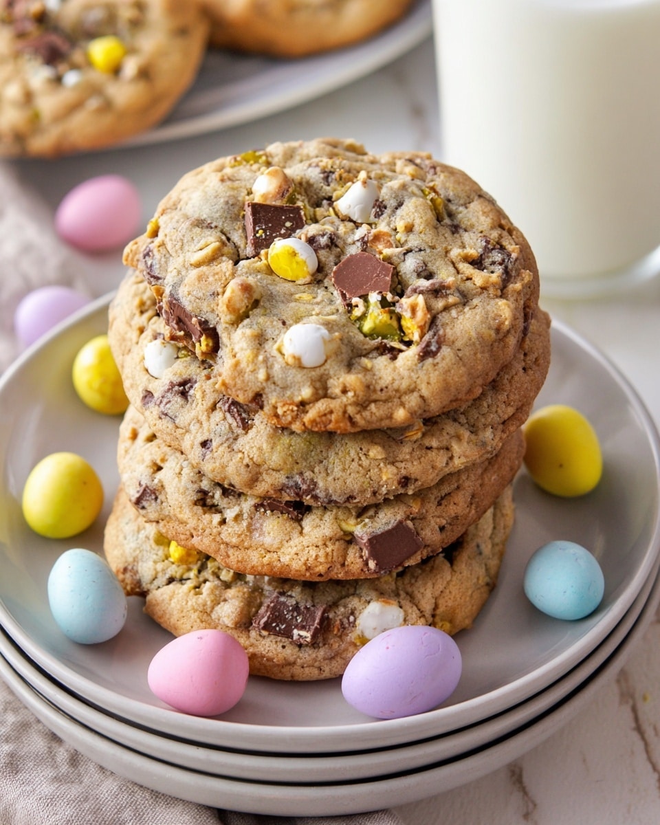 A stack of five chunky cookies sits on a set of three white plates, each cookie showing a rough, textured surface filled with dark brown chocolate chunks and scattered pieces of yellow, white, and brown candy shell bits, adding specks of color and crunch. The cookies are light golden brown with slightly crispy edges and soft centers. Around the plates on a white marbled surface lie pastel-colored mini candy eggs in yellow, pink, blue, and purple, complementing the candy pieces inside the cookies. In the background, a glass of milk with a smooth creamy white color is visible. The lighting highlights the texture of the cookies and candy pieces clearly. photo taken with an iphone --ar 4:5 --v 7