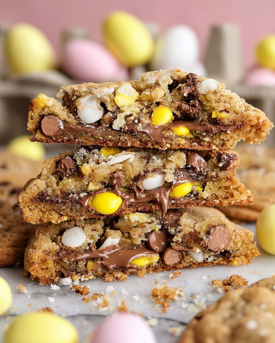 This image shows a close-up of a stack of three thick, chewy cookies cut in half, revealing three layers inside. The top layer features a golden-brown crumbly texture mixed with chunks of melted chocolate and bright yellow candy pieces with a smooth, shiny surface. The middle layer is gooey and filled with oozing melted chocolate chips and broken candy shells in white and yellow. The bottom layer is a dense cookie base with more melted chocolate and scattered candy bits, slightly crisp around the edges. The stack sits on a white marbled surface surrounded by whole candy eggs in soft pastel yellow and white, with cookie crumbs and candy pieces scattered casually around. The background is softly blurred pink and brown cookies. photo taken with an iphone --ar 4:5 --v 7